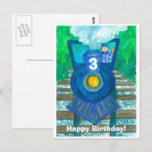 Carte Postale Blue Steam Train Joyeux troisième anniversaire (Devant / Derrière)