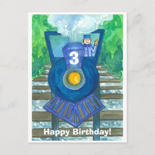 Carte Postale Blue Steam Train Joyeux troisième anniversaire (Devant)