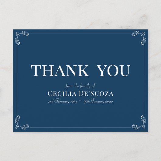 Carte Postale Blue Sympathy Funeral Élégant Merci simple (Devant)