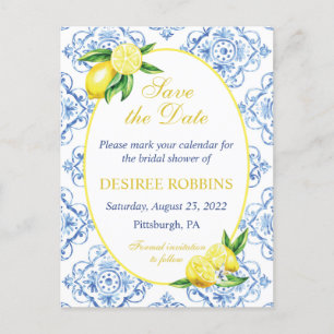 Carte Postale Blue Tile Floral Lemon Bridal Shower Save the Date