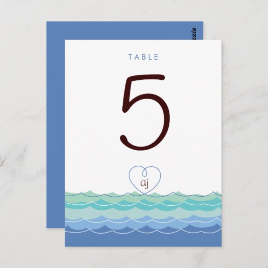 Carte Postale Blue Waves Loopy Heart Beach Modern Table Numéro (Devant / Derrière)