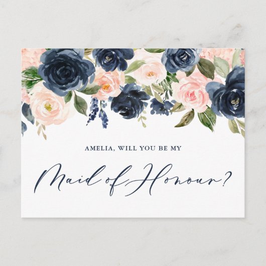 Carte Postale Blush and Navy Flowers Maid of Honor Proposition (Devant)