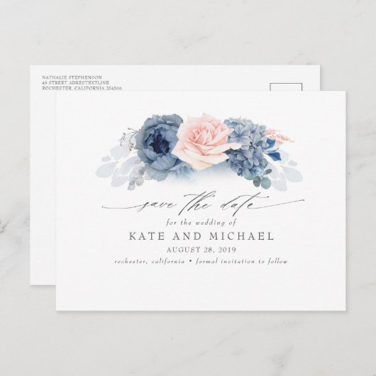 Carte Postale Blush et Navy Blue Floral Boho Enregistrer la date (Devant / Derrière)