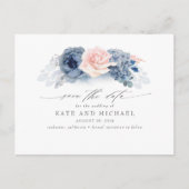 Carte Postale Blush et Navy Blue Floral Boho Enregistrer la date (Devant)