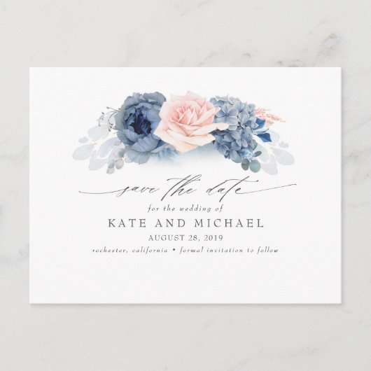 Carte Postale Blush et Navy Blue Floral Boho Enregistrer la date (Devant)