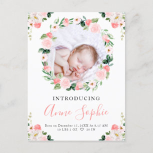 Carte Postale Blush Floral Photo Faire-part de naissance & Merci
