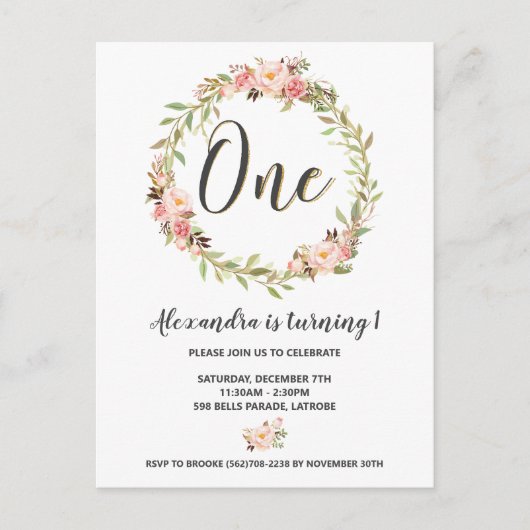 Carte Postale Blush Floral Wreath ONE 1er Anniversaire Invitatio (Devant)