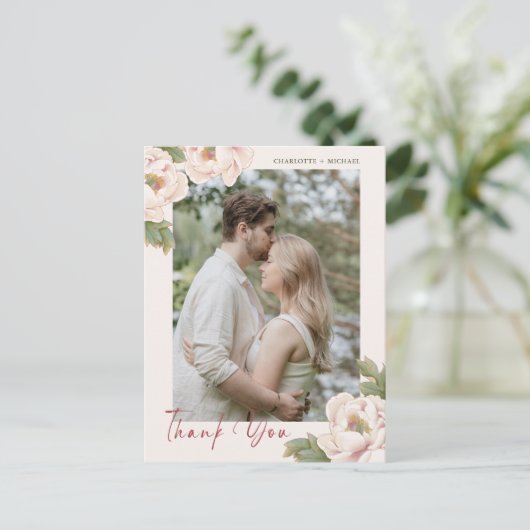Carte Postale Blush Peony Floral Mariage Photo Merci Postca (Debout devant)