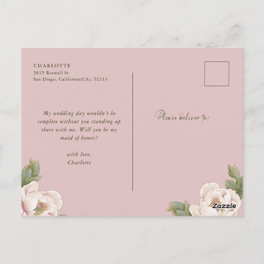 Carte Postale Blush Peony, tu seras ma servante d'honneur (Dos)