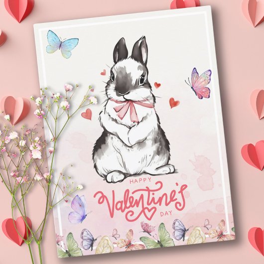Carte Postale Blush Pink Bunny & Papillons Saint-Valentin