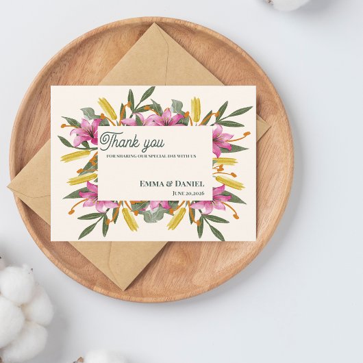 Carte Postale Blush Pink Lily Botanical Wedding Thank You