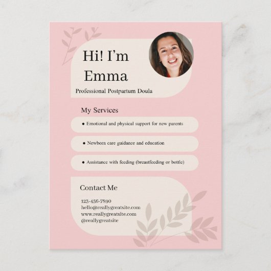 Carte Postale Blush Pink Postpartum Doula Professional Design (Devant)