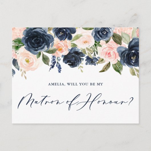 Carte Postale Blush rose et Navy Floral Be My Matron of Honor (Devant)