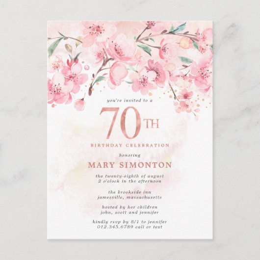 Carte Postale Blush rose floral 70e anniversaire Invitation Post (Devant)