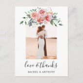 Carte Postale Blush rose Floral Mariage Photo Love and Thanks (Devant)