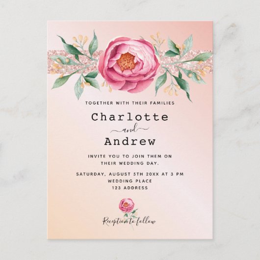 Carte Postale Blush rose gold floral wedding (Devant)