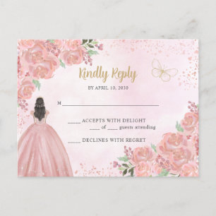 Carte Postale Blush Rose or Floral Princesse Quinceañera RSVP