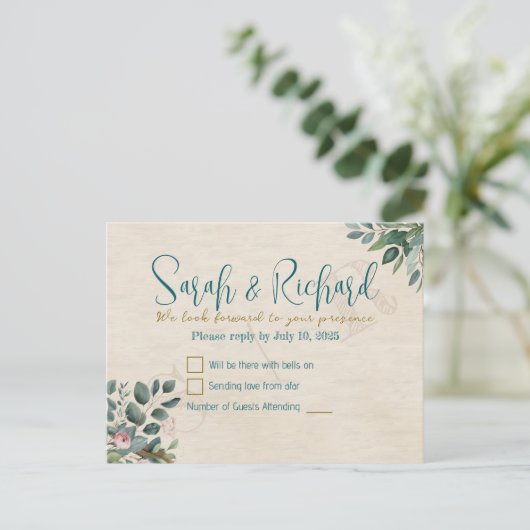 Carte Postale Blush & Sage avec aquarelle Foliage Mariage RSVP (Debout devant)