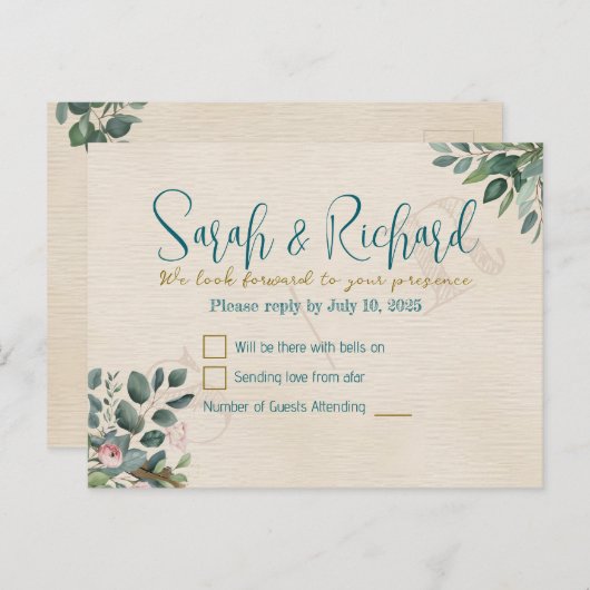 Carte Postale Blush & Sage avec aquarelle Foliage Mariage RSVP (Devant / Derrière)