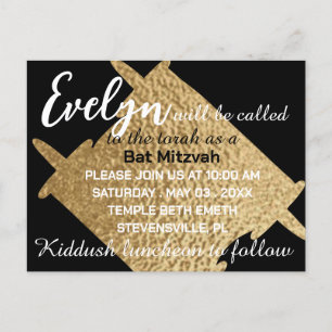 Carte Postale BM Bar ou Bat mitzvah Black N Gold Torah