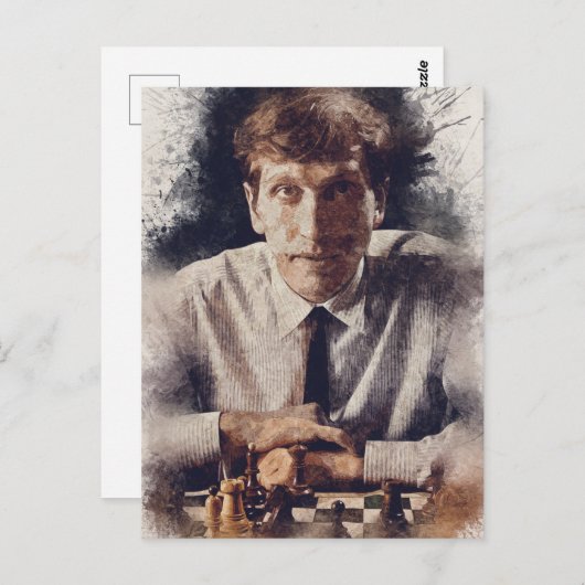 Carte Postale Bobby Fischer Aesthétique Échecs Aquarcouleur Art (Devant / Derrière)