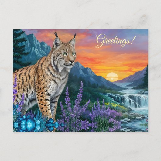 Carte Postale Bobcat / Lynx au soleil par cascade (Devant)