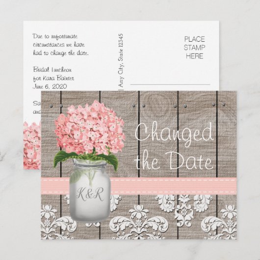 Carte Postale Bocal Mason Fleurs d'Hydrangea Rose Monogramme de (Devant / Derrière)