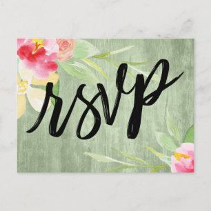 Carte Postale Boho Aquarelle Florale sur bois rustique vert RSVP