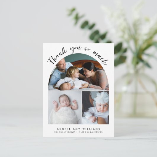 Carte Postale Boho Arch Écriture moderne Merci photo bébé (Debout devant)