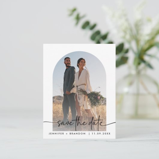 Carte Postale Boho arch overlay Calligraphie Enregistrer la date (Debout devant)