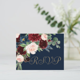 Carte Postale Boho Blooms Dark Navy et Bourgogne RSVP Entree