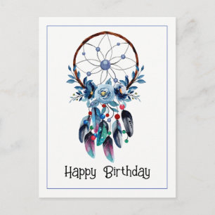 Carte Postale Boho Blue Rêve Attrape-Soleil Plume Floral Bon Ann