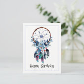 Carte Postale Boho Blue Rêve-cauchemar Plume Floral Bon Anniv (Debout devant)