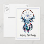 Carte Postale Boho Blue Rêve-cauchemar Plume Floral Bon Anniv (Devant / Derrière)