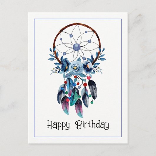 Carte Postale Boho Blue Rêve-cauchemar Plume Floral Bon Anniv (Devant)
