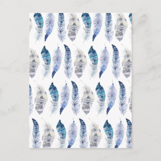 Carte Postale Boho Blue Watercolor Plumes partout sur l'impressi (Devant)