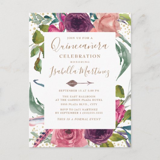 Carte Postale Boho Burgundy Blush rose Floral Quinceañera (Devant)