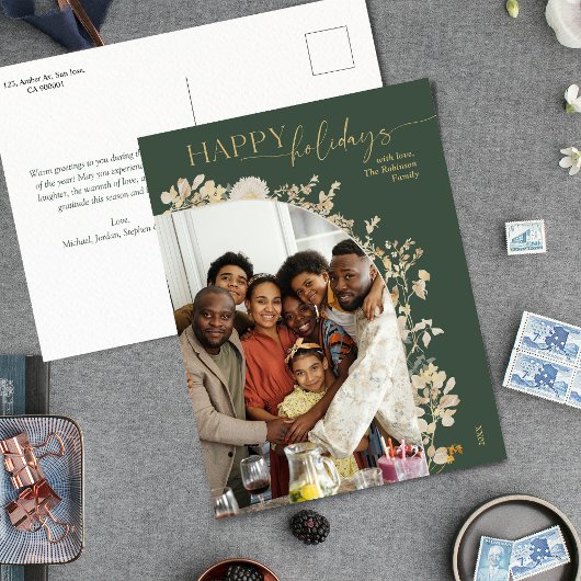 Carte Postale Boho Chic Green Gold Botanique Photo Holiday