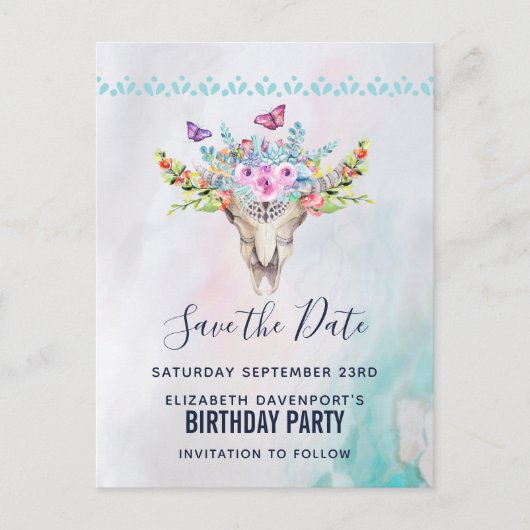 Carte Postale Boho Crâne avec un bouquet floral Save the Date (Devant)