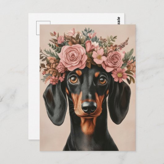 Carte Postale Boho Dackel avec couronne de fleurs (Devant / Derrière)