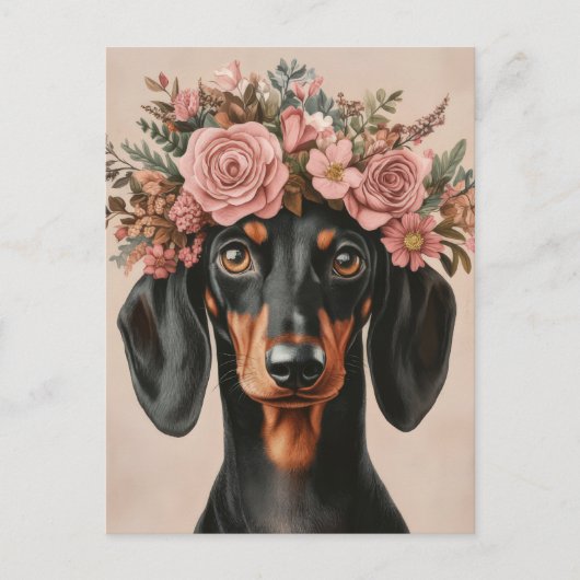 Carte Postale Boho Dackel avec couronne de fleurs (Devant)