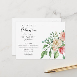 Carte Postale Boho Élégant Rose Roseau Aquarelle Bébé Dédicace