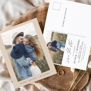 Carte Postale Boho Enregistrer la date Photo Script minimal
