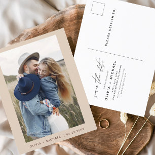 Carte Postale Boho Enregistrer la date Photo Script minimal