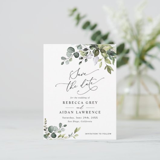 Carte Postale Boho Eucalyptus Verdure Mariage Enregistrer la dat (Debout devant)
