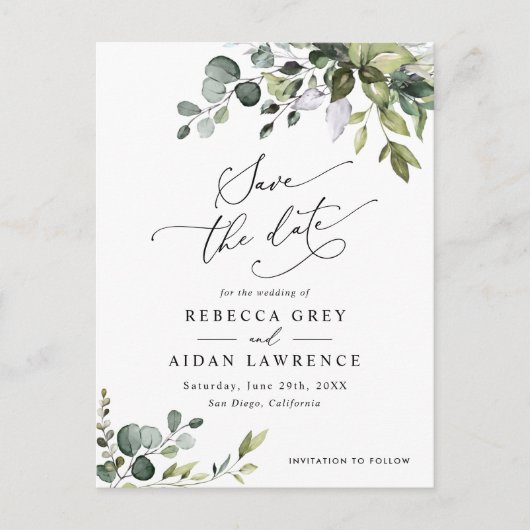 Carte Postale Boho Eucalyptus Verdure Mariage Enregistrer la dat (Devant)