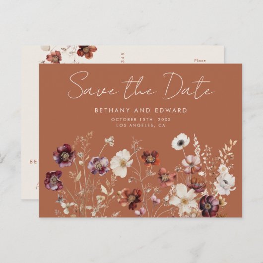 Carte Postale Boho Fall Fleur sauvage Wedding Enregistrer la dat (Devant / Derrière)