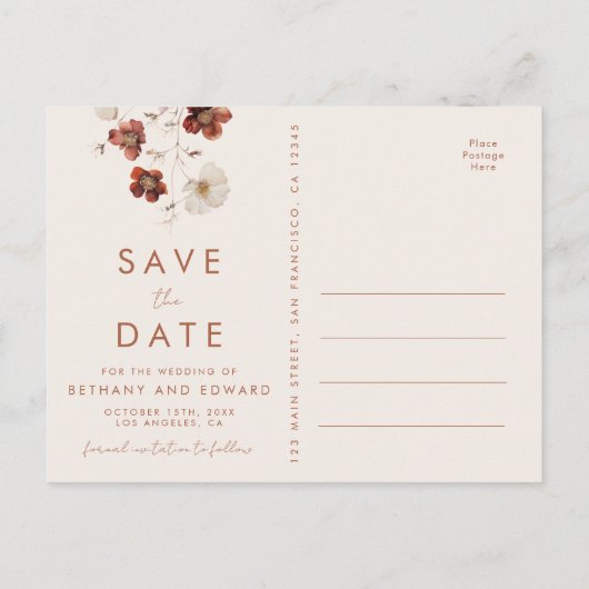 Carte Postale Boho Fall Fleur sauvage Wedding Enregistrer la dat (Dos)