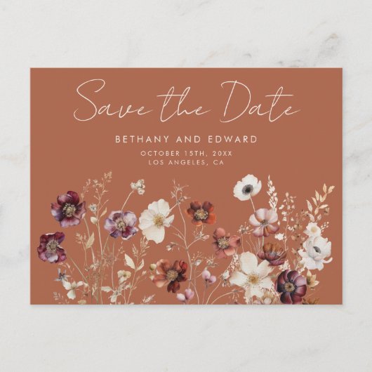Carte Postale Boho Fall Fleur sauvage Wedding Enregistrer la dat (Devant)