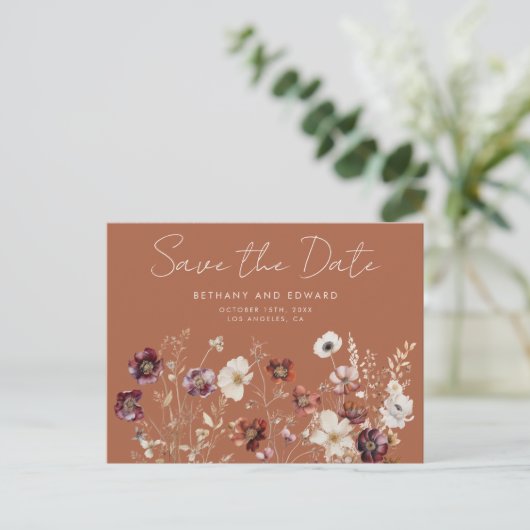 Carte Postale Boho Fall Fleur sauvage Wedding Enregistrer la dat (Debout devant)